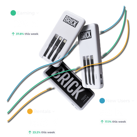 Tre power bank Brick e linee grafiche che mostrano risultati positivi
